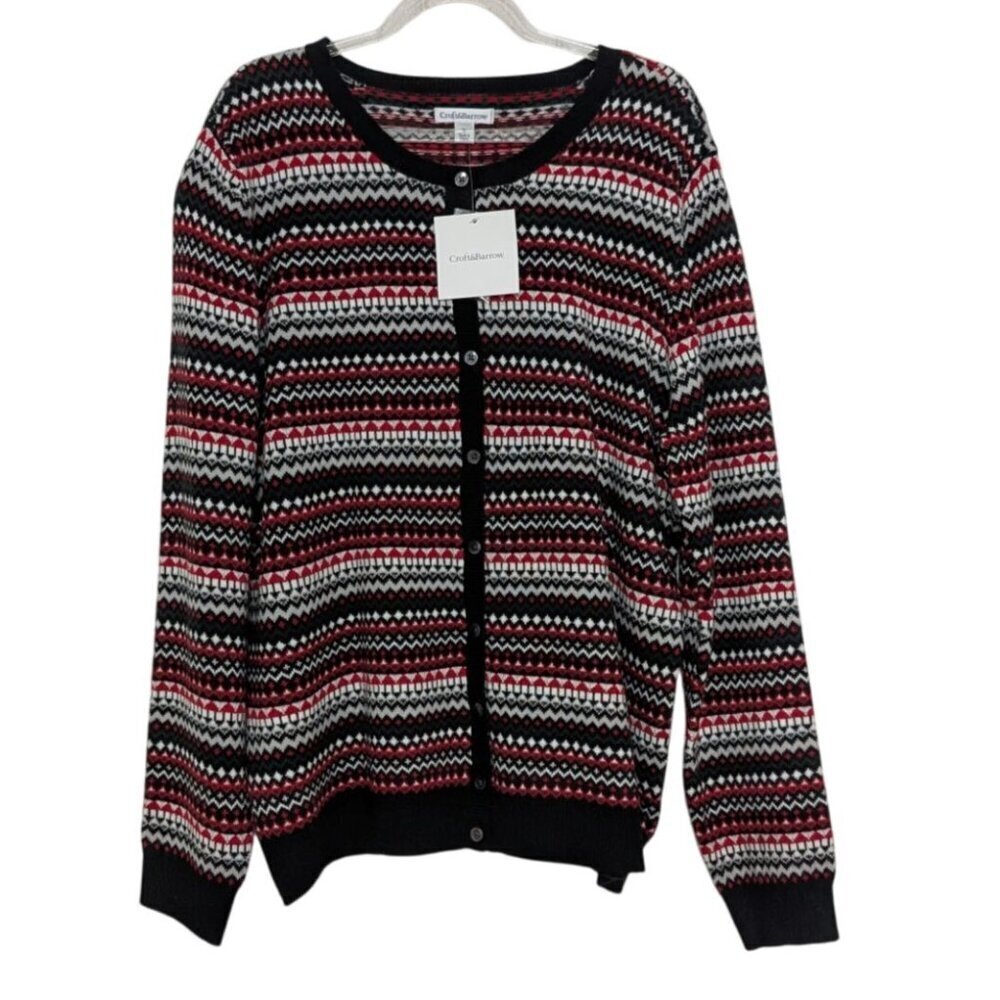 NEW Croft & Barrow Fair Isle Cardigan Womens Size Large Black Red Knit Sweater